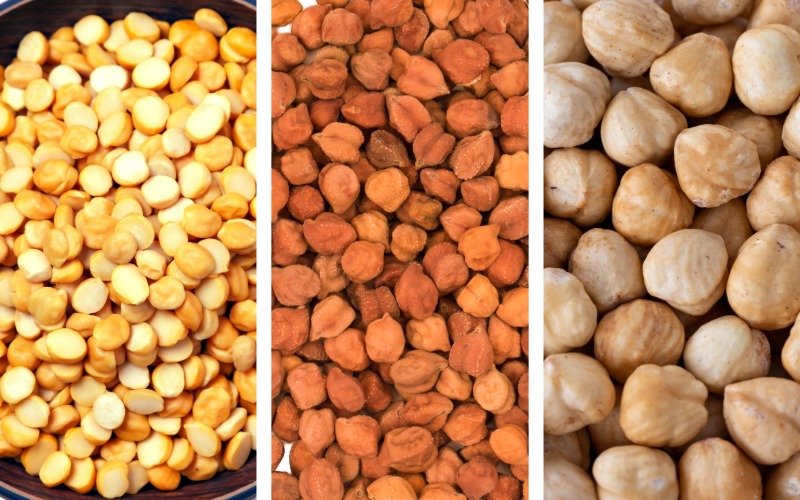 चना दाल vs साबुत चना vs छोले का साइड-बाय-साइड फोटो